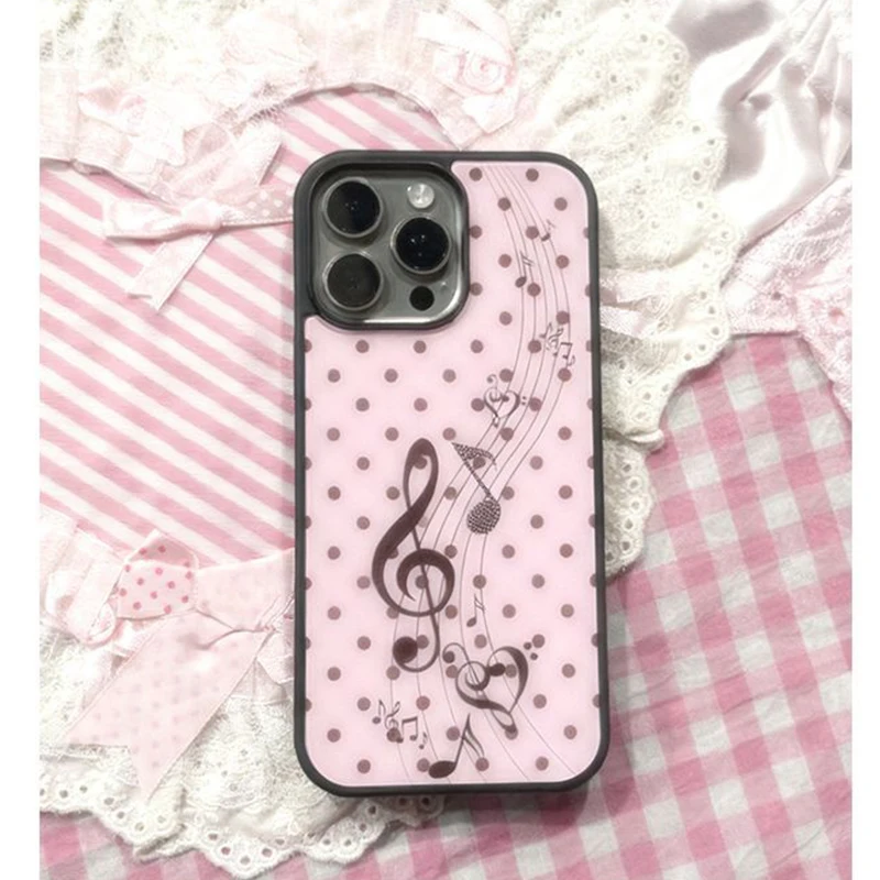 Phone Cases Girls - เคสโทรศัพท์ลายจุดสีชมพู-น้ำตาลสไตล์เกาหลี ลายหัวใจและโน้ตดนตรี สำหรับ iPhone 17 16