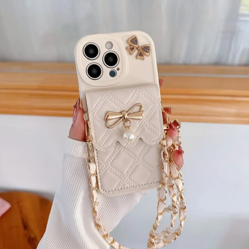 Phone Cases Girly - เคสโทรศัพท์แบบกระเป๋าสตางค์พร้อมช่องใส่บัตร ลายโบว์ 3 มิติ สำหรับ iPhone