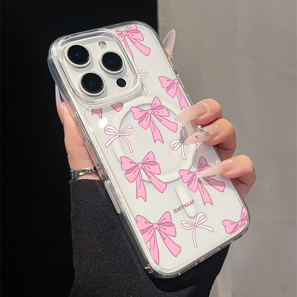 Phone Cases Girly - เคสโทรศัพท์ใสลายโบว์สีชมพูสไตล์ Coquette Girly Series สำหรับ iPhone