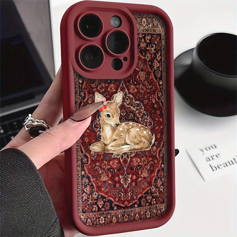 Phone Cases Red Deer - เคสโทรศัพท์กันกระแทก TPU ลายกวางดอกไม้สีแดงวินเทจ ขอบสูง เหมาะสำหรับ iPhone
