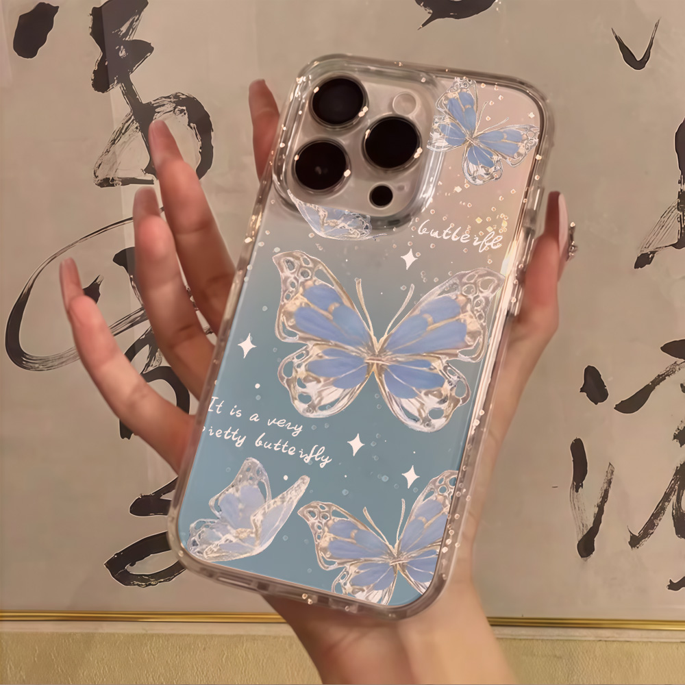Glitter Shockproof Case - เคสโทรศัพท์ใสลายผีเสื้อสีน้ำเงินหรูหรา พร้อมกลิตเตอร์ สำหรับ iPhone 17 13