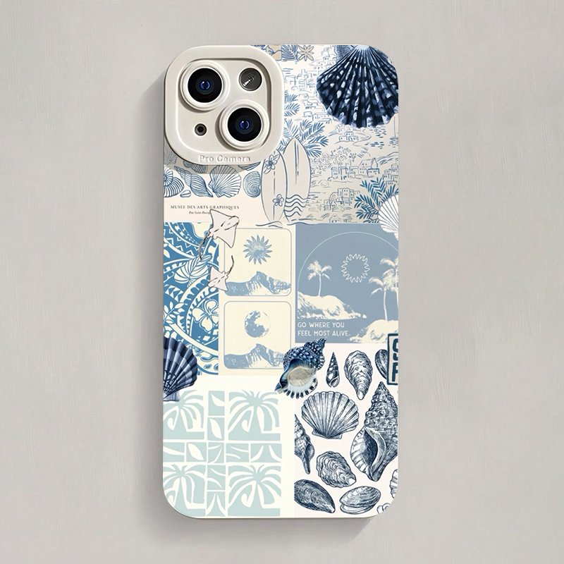 Phone Cases Blue - เคสโทรศัพท์ลายเปลือกหอยและสาหร่ายทะเลสไตล์มหาสมุทร สำหรับ iPhone 17 16 15