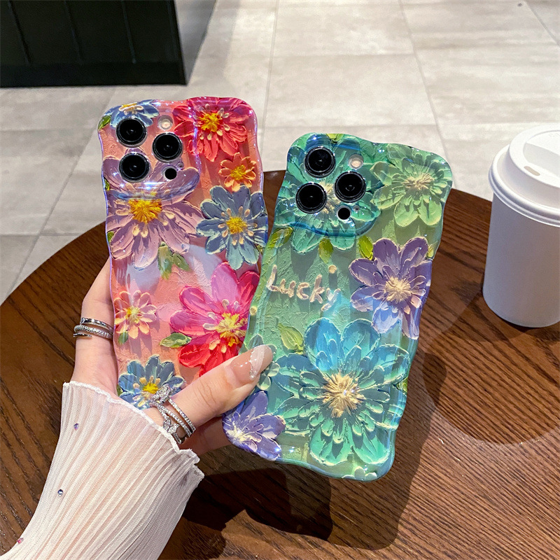 Phone Cases Blue - เคสโทรศัพท์ซิลิโคนลายดอกไม้สีน้ำเงินสไตล์เรโทร พร้อมลวดลายคลื่น สำหรับ iPhone 12 13